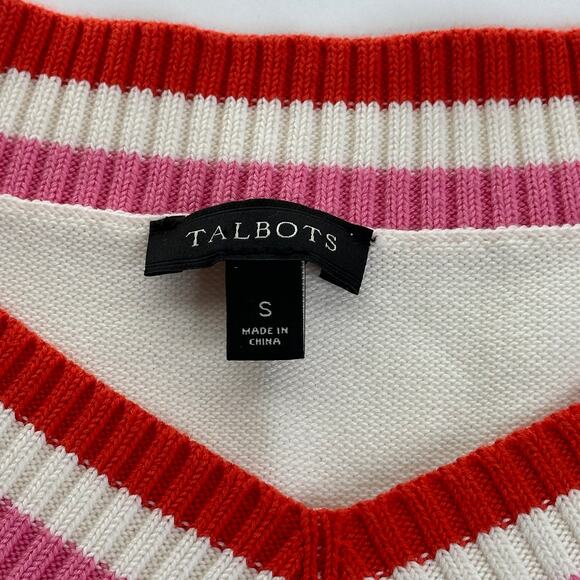 Talbots Ivory Pink Red Cable Knit Pointelle V-Neck Sweater Womens Size Small S - Picture 7 of 10